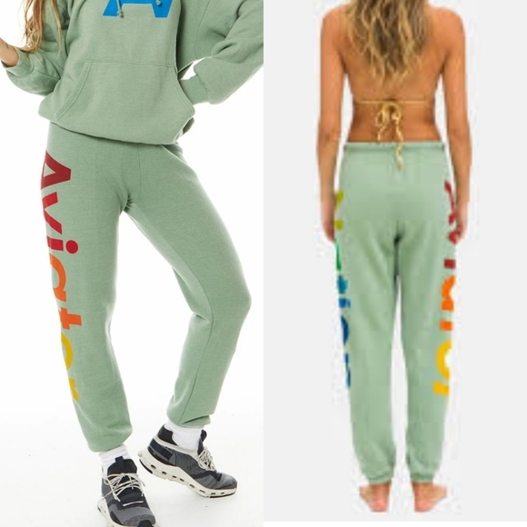 Aviator Nation 2 Sweatpants Jogger NWT Sage Rainbow Graphic Logo Drawstring XS - Picture 2 of 12